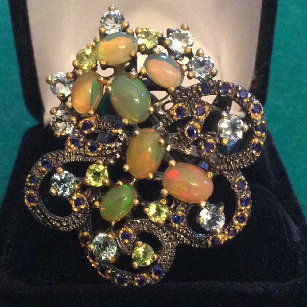 Genuine Fiery Opals & Topaz Ring